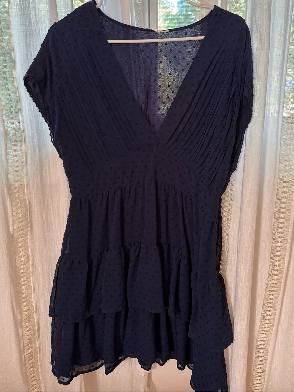 Francesca's Collections Navy V-Neck Tiered Swiss Dot Tunic
